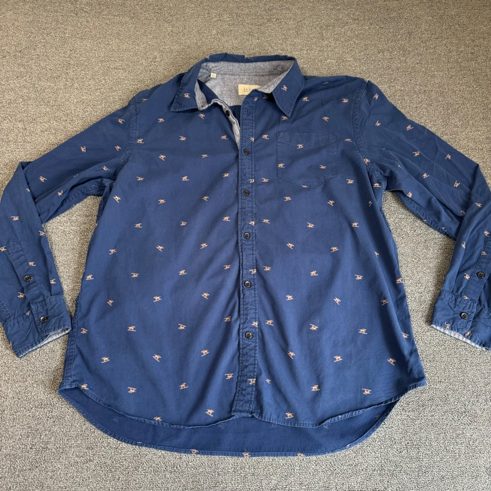 Jachs New York Mens XL Navy Blue Skiing Dog Print Cotton Button Down Shirt